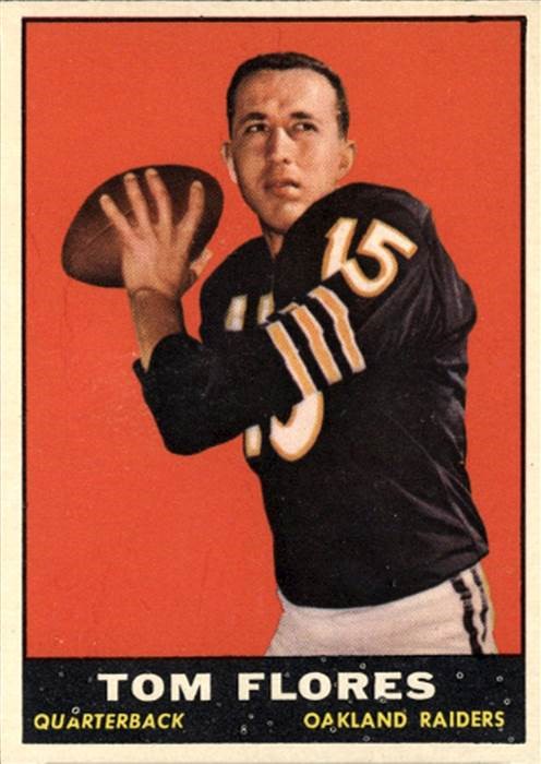 Baseball card from Tom Flores’ quarterback career with the Oakland Raiders. Courtesy League of Latin American Citizens